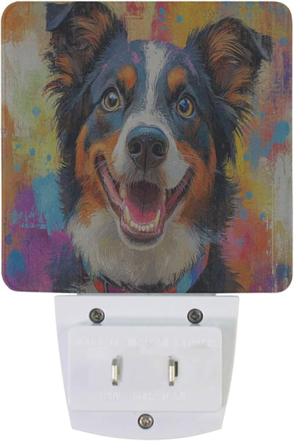 Pigsaly Led Night Light Colorful Australian Shepherds Dog Night Light Plug in Wall Lamp Smart Dusk to Dawn Sensor Nightlight Led Lamp Energy Saving Lights Gift for Kids Room Bedroom Bathroom Hallway