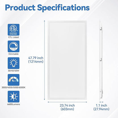 CycevSun 6-Pack 2x4 LED Flat Panel Light Drop Ceiling, 40/50/60W Selectable, Up to 6600LM, 4CCT 3000K/4000K/5000K/6000K Switchable, 0-10V Dimmable, 100-277V, ETL Listed