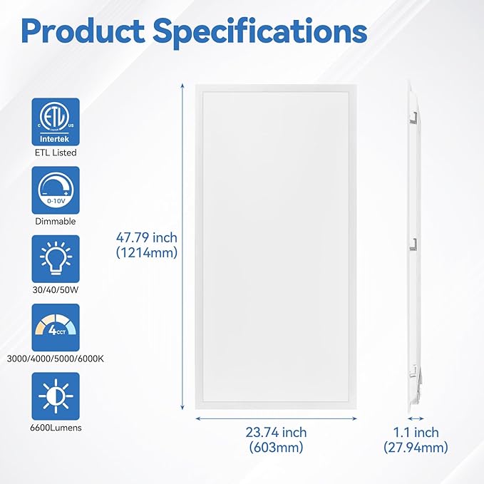CycevSun 12-Pack 2x4 LED Flat Panel Light - Drop Ceiling, 40/50/60W Selectable, 6600LM, 4CCT 3000K/4000K/5000K/6000K Switchable, 0-10V Dimmable, 100-277V, ETL Listed