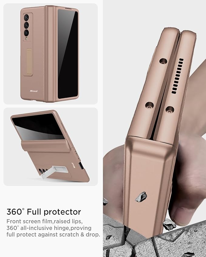 Miimall for Samsung Fold 3 Case with Privacy Screen Protector, Built-in Adjustable Kickstand & Magnetic Hinge & Camera Lens Protective All-Inclusive Phone Case for Galaxy Z Fold3 5G Champagne Gold