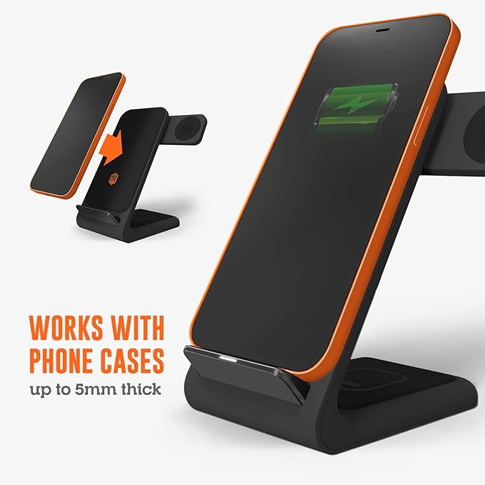 STM ChargeTree Swing 3-in-1 Wireless Charging Station for iPhone/Samsung/Android (15W/7.5W), AirPods (5W), Apple Watch (3W). Qi-Certified Stand- Black