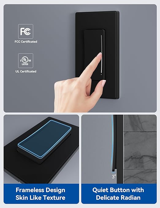 ELEGRP Smart Dimmer Light Switch DTR30, Single Pole or 3 Way, 2.4GHz Wi-Fi Touch Dimmer Compatible with Alexa/Google Assistant, Needs Neutral Wire, No Hub Required, UL and FCC Listed, Black, 6 Pack
