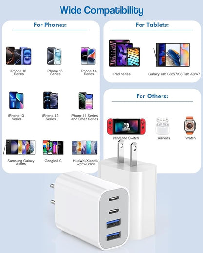 40W iPhone 16 Charger Block, 2Pack 4-Port Fast USB C Charger Blocks, Multiport PD Power Adapter & QC Plug iPhone Cube USBC Charging Brick Apple Adapter for iPhone 16/16 Pro/15/15 Pro Max/14/13/12/iPad