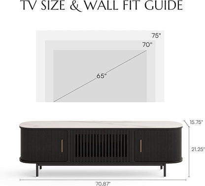POVISON Fully-Assembled Mid Century Modern Black TV Stand with White Glossy Sintered Stone Tabletop & LED Lights, Rolling Door Media Console, Wood TV Console for Living Room