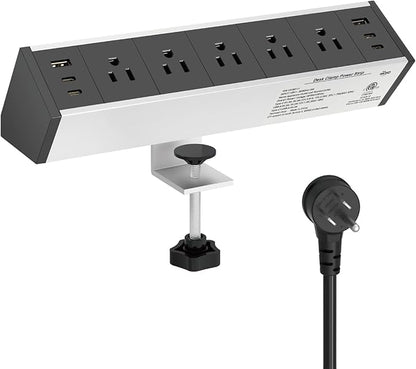 Tecmojo Desk Clamp Power Strip 5 Outlet with 2 USB A and 4 USB C Ports, 6 ft Cord, Desk Outlet Station Fit 1.6" Tabletop Edge,Over Loading Protection,ETL Listed,Black