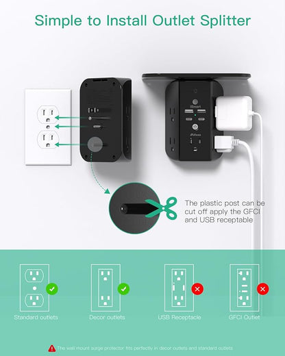 Wall Outlet Extender with Shelf and Night Light, Surge Protector, USB Wall Charger with 5 AC Outlets and 2 USB A Ports 2 USB C Ports Wide Space 3-Sided Power Strip Multi Plug Outlets, Black