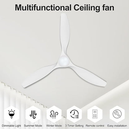 ocioc 52 inch Ceiling Fans with Lights and Remote, Dimmable Ceiling Fans with Reversible Quiet DC Motor, Flush Mount, 3CCT, White Ceiling Fan for Bedroom Living Room Indoor/Outdoor
