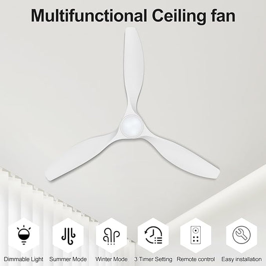 ocioc 52 inch Ceiling Fans with Lights and Remote, Dimmable Ceiling Fans with Reversible Quiet DC Motor, Flush Mount, 3CCT, White Ceiling Fan for Bedroom Living Room Indoor/Outdoor