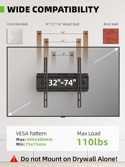 USX MOUNT TV Wall Mount for 32-74 inch Flat Screen/LED/4K up to 110lbs, Full Motion TV Mount Bracket with Swivel & Tilt Articulating Dual Arms, Max VESA 400x400mm, Fits 12/16" Wood Studs