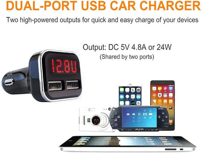 Aliavation Cigarette Lighter USB Charger with Voltage Display, 24W Dual Port Car Charger, Battery Monitor 12 Volt to Adapter Volt Meter for IP 16/15/14/13/12/11/X/8, Sam Sung, Google, Galaxy & More