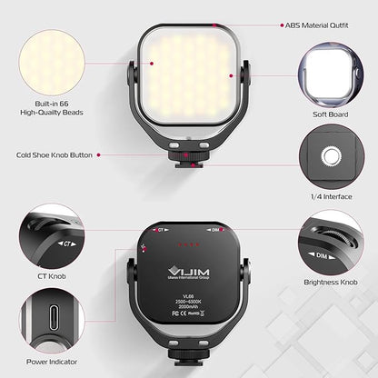 ULANZI VL66 Bi-Color Adjustable Rechargeable 2500-6500K - Mini Video Portable Light on Cam, 2000mAh CRI95+ Dimmable, Ultra Bright Photo & Video Lighting, LED Fill Lamp for DSLR Camcorder Action Camera