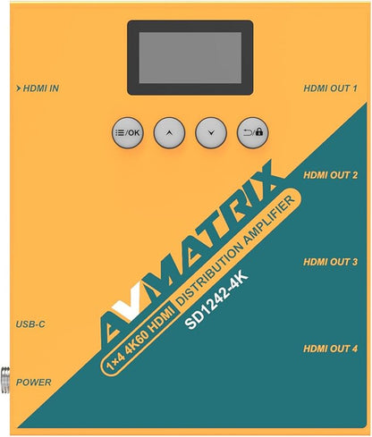 AVMATRIX SD1242-4K 1 in 4 Out Distribution HDMI Signal Splitter Converter with 4xHDMI Output,1xHDMI Input,Support Signals up to up to 4K 60hz