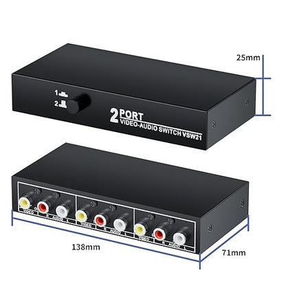 RCA Switch 2 in 1 Out Composite Video L/R Audio Switcher Selector Box 2X1, BolAAzuL 2-Way RCA Switcher - 2 Port AV Switch Box - Plug & Play for N64 PS2/3 Wii Xbox Game Consoles DVD STB TV