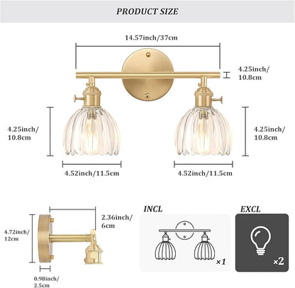 Shenmoyl Bathroom Light Fixtures, 2-Light Brass Vanity Wall Light Over Mirror with Clear Tulip Glass Shade for Bedroom Living Room (Bulb Not Included)