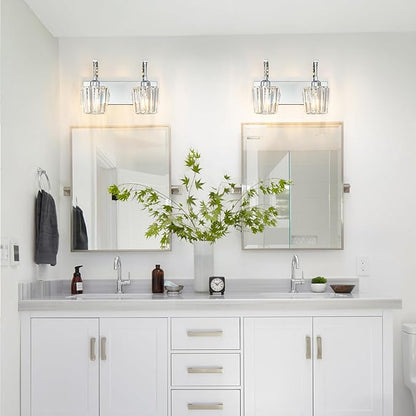 FDPBY Modern Bathroom Vanity Light, 2-Light Chrome Wall Sconce with Crystal Accents, Over Mirror Bathroom Lighting Fixture, 13.77" Long Dimmable Vanity Lamp for Makeup, Easy Installation