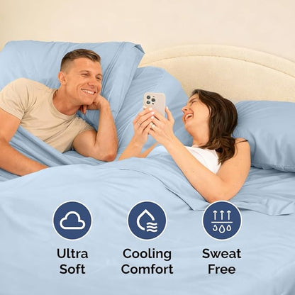 Split Head King Sheet Set – 4 Piece Flex Split Top King Sheets for Adjustable Beds - Fits 14” to 16" Mattress w/ Deep Pockets - Soft, Breathable & Cooling - Luxury Bedding & Wrinkle Free - Light Blue