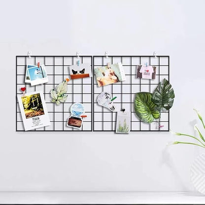 Feadily 4 Pack Metal Grid Wall Board Including 1 Hook Rack, Photos & Pictures Display Board,Photo Wall, Picture Board, DIY Home & Office Wall Decor 13.8 Inch × 13.8 Inch (Black)