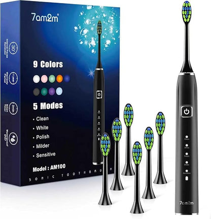 7AM2M Ultrasonic Electric Toothbrush with 6 Brush Heads for Adults&Kids, One Charge for 120 Days, USB-C Charge, 5 Modes, 40000VPM Powered Toothbrush, 2 Minutes Built in Smart Timer (Black)