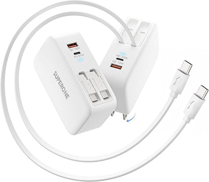 SUPERONE Retractable iPhone Charger, 4-Port USB C Charger Block, iPhone Chargers Fast Charging with Dual USB C Cable, Wall Chargers for iPhones 16/15/14/13/12/11 Series, Pad, Samsung, Pixel