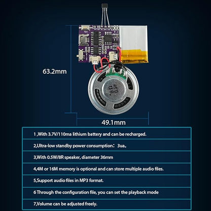 Voice Module,MP3 Music Sound Chips, 16MB Sound Module for Crafts, Christmas, New Year Greeting Cards, Box with Speaker Lithium Battery Powered and USB Cable. (JR-JX7004-Magnet-2P)