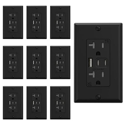 ELEGRP USB Outlets, 20 Amp Wall Outlet with 3 USB Ports, Dual USB C Ports Outlets, TR Tamper-Resistant USB Outlets Receptacles, Wall Plate Included, UL/CUL Listed, 10 Pack, Black