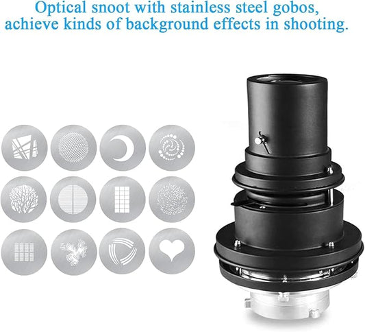 Alluneitter Bowens Mount Snoot,Strobe Video Snoot Conical Projector snoot with Optical Lens kit Include Various Gobos Used for Video Artist Modelling Shape Light Studio Photography Projection