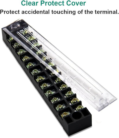 MILAPEAK 10pcs (5 Sets) 12 Positions Dual Row 600V 15A Screw Terminal Strip Blocks with Cover + 400V 15A 12 Positions Pre-Insulated Terminals Barrier Strip (Black & Red)
