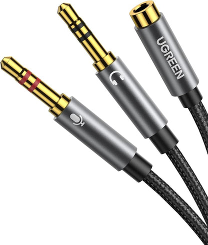 UGREEN Headphone Splitter for Computer 3.5mm Female to 2 Dual 3.5mm Male Braided Audio Splitter Cable Microphone Stereo Jack Earphones Port Cord Gaming Headset to PC Laptop Adapter Black