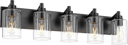 METWET 5-Light Bathroom Light Fixtures, 30 Inch Black Vanity Light with Cylinder Clear Glass Shade, Modern Vanity Lighting Fixtures Over Mirror, VL143-MB-5