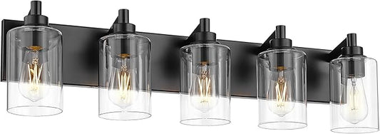 METWET 5-Light Bathroom Light Fixtures, 30 Inch Black Vanity Light with Cylinder Clear Glass Shade, Modern Vanity Lighting Fixtures Over Mirror, VL143-MB-5