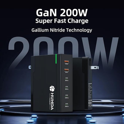 HUNDA 200W USB C Charger GaN Charging Station 6 Ports Fast PD 100W Type C MacBook Charger Desktop Adapter Support PD3.0 /PPS 45W /QC5 for MacBook Pro/Air, iPhone 15/14, Galaxy s24/s23,HP,Dell etc