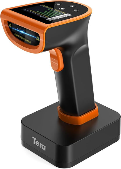 Tera Barcode Scanner Wireless with Screen: Pro Version 1D 2D QR with Digital Setting Keypad Power Switch Charging Cradle Works with Bluetooth 2.4G Wireless Bar Code Reader HW0015 Orange