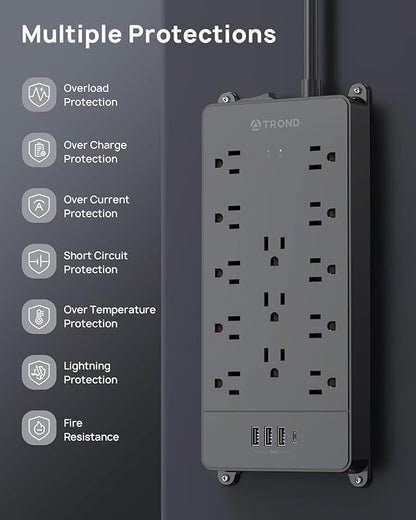 TROND Power Strip Surge Protector 10 ft Cord, 4000 Joules, ETL Listed, 13 Widely-Spaced Outlets Expansion with USB C Ports, Low-Profile Flat Plug, Wall Mount, Extension Cord, 14AWG Heavy Duty, Black