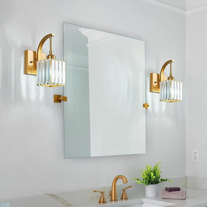 FDPBY Wall Sconces, Set of 2 Gold Crystal Vanity Lights, Modern Wall Lamp for Bathroom, Hallway, and Makeup, Easy Installation