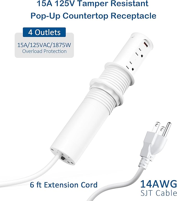 2.5 inch Hole Pop up Outlet for Countertop,20W USB C,4 USB Ports,4 Outlets 15Amp Tamper Resistant Receptacle Flush Mount,Space Saver Recessed Outlet,1875W,ETL Listed