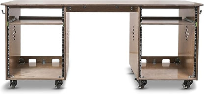 Sound Town DIY Music Studio Rack Desk Workstation with 2 X 13U Side Cabinets, Two Slide-Out Trays, Casters, Plywood, Weathered Brown for Recording Room, Home Studio (SDRK-WS69)