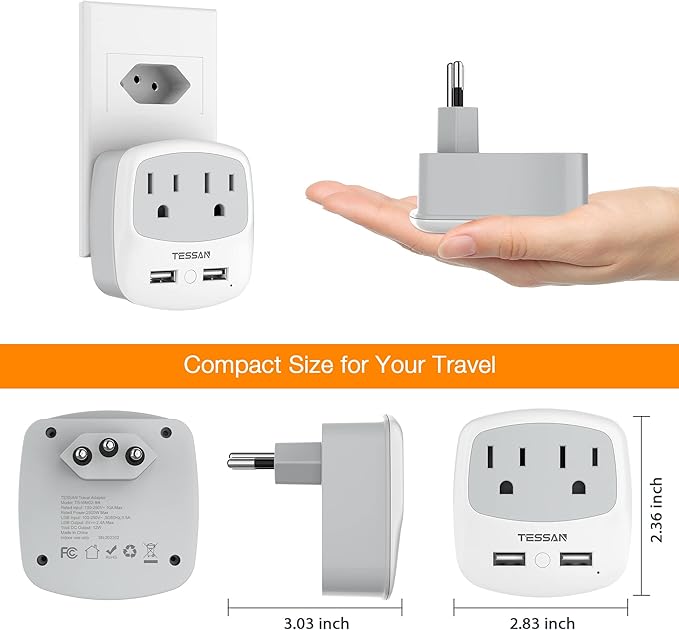 TESSAN Brazil Power Adapter, US to Brazil Plug Adaptor with 2 American Outlets and 2 USB Charging Ports, Type N Travel Adapter for USA to Brazilian Brasil