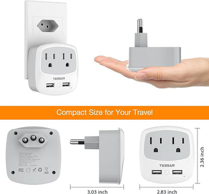 TESSAN Brazil Power Adapter, US to Brazil Plug Adaptor with 2 American Outlets and 2 USB Charging Ports, Type N Travel Adapter for USA to Brazilian Brasil