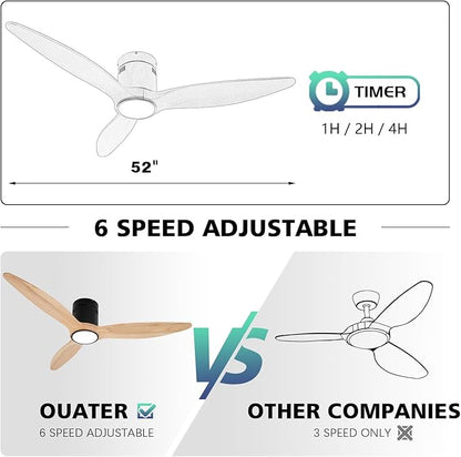 OUATER Wood Flush Mount Ceiling Fan with Light,52 inch Low Profile Modern Ceiling Fans for Outdoor/Patios/Bedroom/Office,3 color light,6 Speed,DC Motor,Wood and Modern Matte Black