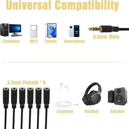 FdcZeyxior 3.5mm Headphone Splitter, 3.5mm Splitter Multi Headphone Splitters 1 to 6 Ways TRS 1 Male to 6 Female Audio Cable Adapter Cable for Earphone Headset Laptop Phone, 1.5FT