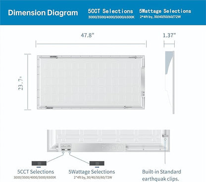 2x4 FT LED Light Flat Panel, 40-72W, 5 CCT 3K | 3.5k | 4K | 5K | 6.5K, Dimmable Recessed Drop Ceiling Lights, 3750/5000/6250/7500/9000 Lumens, Lay in Fixture for Office, 120-277V, UL DLC (4 Pack)