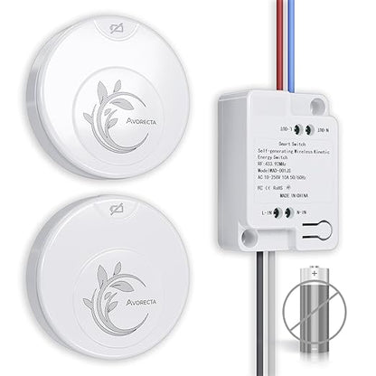 Avorecta Wireless Light Switch and Receiver Kit (2 Switches), Self-Powered Remote Light Switch for Two Locations, No Wiring, No Battery, No WiFi Needed