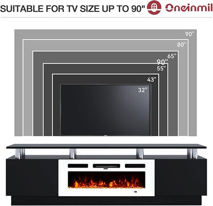 oneinmil Fireplace TV Stand with 36” Electric Fireplace, 80” 2 Tier TV Console Stand for TVs Up to 90", LED Light Entertainment Center, Fireplace for The Living Room TV Stand, Black