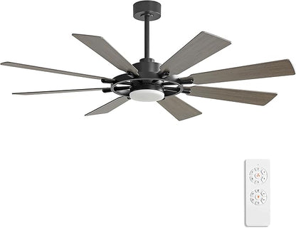 ELEHINSER 60 Inch Ceiling Fan with Lights and Remote Control, 8 Plywood Blades, 6-Speed Noiseless Reversible DC Motor, 3CCT, Windmill Ceiling fan for Kitchen Bedroom Living Room, Black and Grey