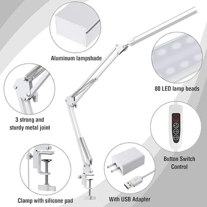 TROPICALTREE LED Desk Lamp for Home Office, Clamp-On with 3 Light Modes | 14W Adjustable Brightness 5000K Eye-Caring Lighting for Study/Bedroom/Computer Desk (White)