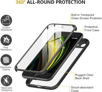Miracase for iPhone SE Phone Case 3rd/2nd Generation 2022 2020 Full-Body with Built-in Glass Screen Protector, Heavy Duty 360° Protective Shockproof Bumper Cover for iPhone 8/SE 4.7 Inch, Black