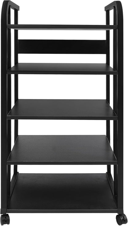 5-Tier AV Media Stand with Universal Wheels, Center Stereo Components Storage Stand, DVD/CD Holder with Adjustable Hole Spacing Movable Audio Media Stand for Living Room, Game Room (5 Tiers)