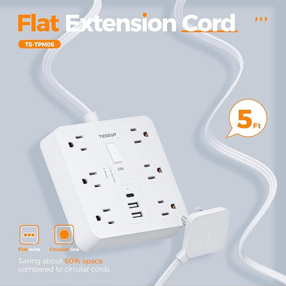 Surge Protector Power Strip with 1700 Joules Protection, TESSAN 5FT White Extension Cord with 6 AC Outlets, 3 USB Ports(1 USB C), Multiple Outlets Flat Plug Power Strip, for Home Office Dorm