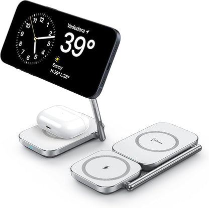 2-in-1 Magsafe Charger Stand, Zinc Alloy Foldable Magnetic Wireless Charger, 20W Portable Fast Wireless Charging Station for iPhone 15/14/13/12 Series, AirPods 3/Pro/2