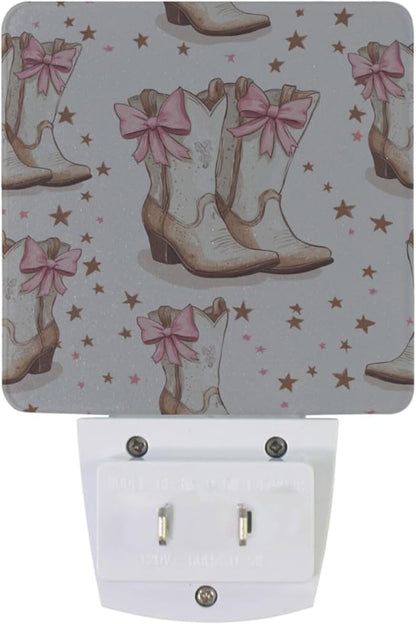 Pigsaly Led Night Light Cowgirl Boots Bows Night Light Plug in Wall Lamp Smart Dusk to Dawn Sensor Nightlight Led Lamp Energy Saving Lights Gift for Kids Room Bedroom Bathroom Hallway